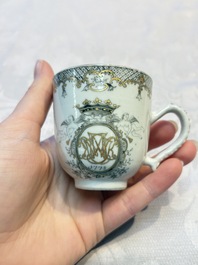 Four sets of Chinese export grisaille and gilt-decorated handled cups and saucers with crowned monograms, Qianlong