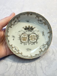 Four sets of Chinese export grisaille and gilt-decorated handled cups and saucers with crowned monograms, Qianlong