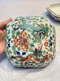 A Chinese wucai square box and cover with dragon and peony design, Wanli mark, 19/20th C.