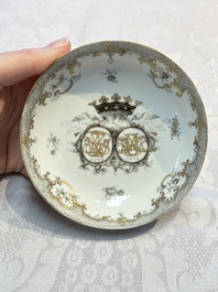 Four sets of Chinese export grisaille and gilt-decorated handled cups and saucers with crowned monograms, Qianlong