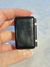 Two Chinese soapstone seals with an original buffalo-horn box, Ignace 依溺斯 mark, 20th C.