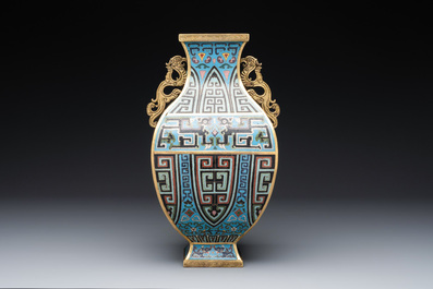 A Chinese archaistic cloisonn&eacute; square vase, Qianlong and Ren mark, 19/20th C.