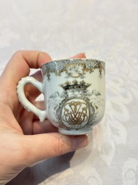 Four sets of Chinese export grisaille and gilt-decorated handled cups and saucers with crowned monograms, Qianlong