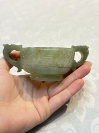 A Chinese celadon jade covered vase, with wooden stand, and a bowl with wooden cover and stand, 19/20th C.