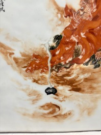 A fine Chinese iron-red and grisaille 'Luohan' plaque, signed Wang Bu 王步, 20th C.