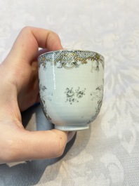 Four sets of Chinese export grisaille and gilt-decorated handled cups and saucers with crowned monograms, Qianlong