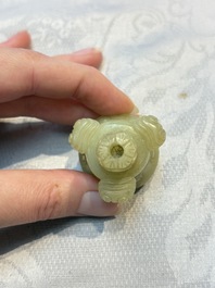 A Chinese celadon jade covered vase, with wooden stand, and a bowl with wooden cover and stand, 19/20th C.