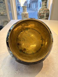 A fine Japanese cloisonn&eacute; tripod censer and cover with a mythical-animal-form finial, Meiji, 19th C.