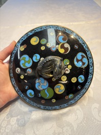 A fine Japanese cloisonn&eacute; tripod censer and cover with a mythical-animal-form finial, Meiji, 19th C.