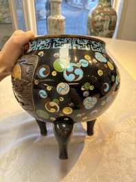 A fine Japanese cloisonn&eacute; tripod censer and cover with a mythical-animal-form finial, Meiji, 19th C.