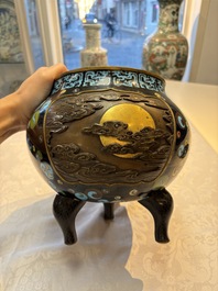 A fine Japanese cloisonn&eacute; tripod censer and cover with a mythical-animal-form finial, Meiji, 19th C.