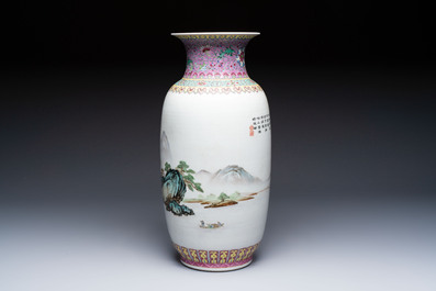A Chinese famille rose 'Landscape' vase, Qianlong mark, 20th C.