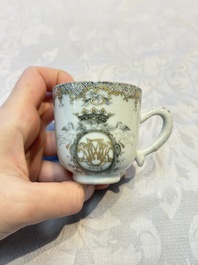 Four sets of Chinese export grisaille and gilt-decorated handled cups and saucers with crowned monograms, Qianlong