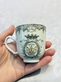 Four sets of Chinese export grisaille and gilt-decorated handled cups and saucers with crowned monograms, Qianlong