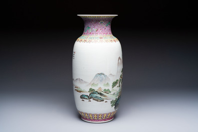 A Chinese famille rose 'Landscape' vase, Qianlong mark, 20th C.