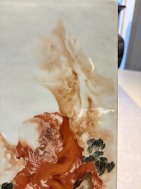 A fine Chinese iron-red and grisaille 'Luohan' plaque, signed Wang Bu 王步, 20th C.