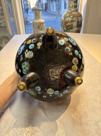 A fine Japanese cloisonn&eacute; tripod censer and cover with a mythical-animal-form finial, Meiji, 19th C.