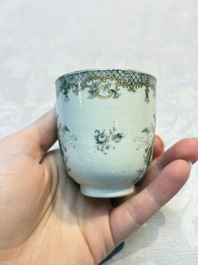 Four sets of Chinese export grisaille and gilt-decorated handled cups and saucers with crowned monograms, Qianlong