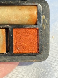 Two Chinese soapstone seals with an original buffalo-horn box, Ignace 依溺斯 mark, 20th C.