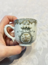 Four sets of Chinese export grisaille and gilt-decorated handled cups and saucers with crowned monograms, Qianlong