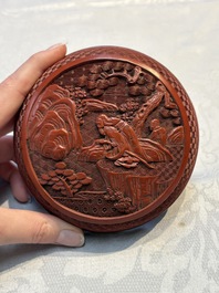 Two Chinese cinnabar lacquer covered boxes and a bottle vase, 19th C.