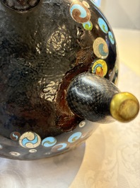 A fine Japanese cloisonn&eacute; tripod censer and cover with a mythical-animal-form finial, Meiji, 19th C.