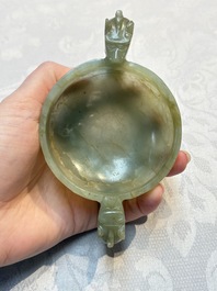 A Chinese celadon jade covered vase, with wooden stand, and a bowl with wooden cover and stand, 19/20th C.