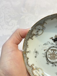 Four sets of Chinese export grisaille and gilt-decorated handled cups and saucers with crowned monograms, Qianlong