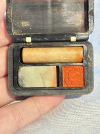 Two Chinese soapstone seals with an original buffalo-horn box, Ignace 依溺斯 mark, 20th C.