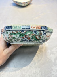 A Chinese wucai square box and cover with dragon and peony design, Wanli mark, 19/20th C.