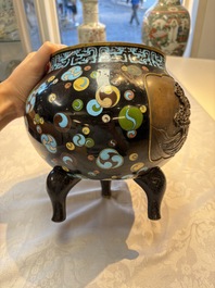 A fine Japanese cloisonn&eacute; tripod censer and cover with a mythical-animal-form finial, Meiji, 19th C.
