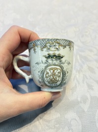 Four sets of Chinese export grisaille and gilt-decorated handled cups and saucers with crowned monograms, Qianlong