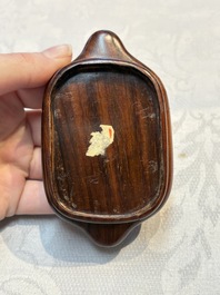 A Chinese famille rose ewer in the form of a dragon and two carps with wooden cover and stand, 19th C.