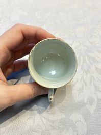 Four sets of Chinese export grisaille and gilt-decorated handled cups and saucers with crowned monograms, Qianlong