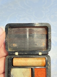 Two Chinese soapstone seals with an original buffalo-horn box, Ignace 依溺斯 mark, 20th C.