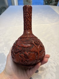 Two Chinese cinnabar lacquer covered boxes and a bottle vase, 19th C.