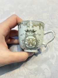 Four sets of Chinese export grisaille and gilt-decorated handled cups and saucers with crowned monograms, Qianlong