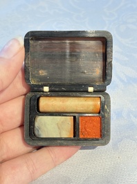 Two Chinese soapstone seals with an original buffalo-horn box, Ignace 依溺斯 mark, 20th C.