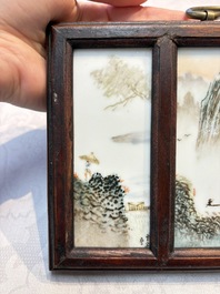 A set of four Chinese famille rose 'Landscape' plaques mounted in a wooden frame, signed Wang Yunquan 王雲泉, together with four plaques, 20th C.