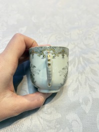 Four sets of Chinese export grisaille and gilt-decorated handled cups and saucers with crowned monograms, Qianlong