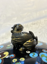 A fine Japanese cloisonn&eacute; tripod censer and cover with a mythical-animal-form finial, Meiji, 19th C.