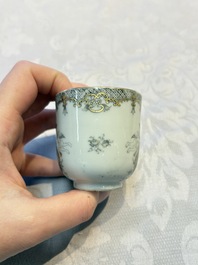 Four sets of Chinese export grisaille and gilt-decorated handled cups and saucers with crowned monograms, Qianlong