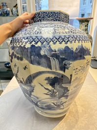 A large Japanese Arita blue and white octagonal vase with figural design, Edo, 17/18th C.