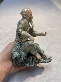 A Chinese verte biscuit vase, a sculpture of a fisherman and a Milefo Buddha, You Lin Ji 游林記造 and Zhu Mao Ji 朱茂記造 mark, 20th C.