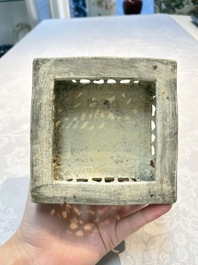 A fine Chinese famille rose reticulated square lantern with a stand, 19th C.