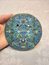 A pair of Chinese cloisonn&eacute; 'Magpies' vases and a 'Lotus Scroll' plaque, 19th C.