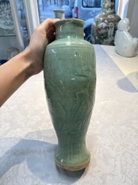 A Chinese Longquan celadon vase with incised floral design, Transitional period
