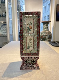 A fine Chinese famille rose reticulated square lantern with a stand, 19th C.