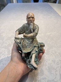 A Chinese verte biscuit vase, a sculpture of a fisherman and a Milefo Buddha, You Lin Ji 游林記造 and Zhu Mao Ji 朱茂記造 mark, 20th C.