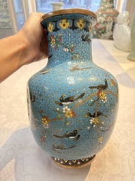 A pair of Chinese cloisonn&eacute; 'Magpies' vases and a 'Lotus Scroll' plaque, 19th C.